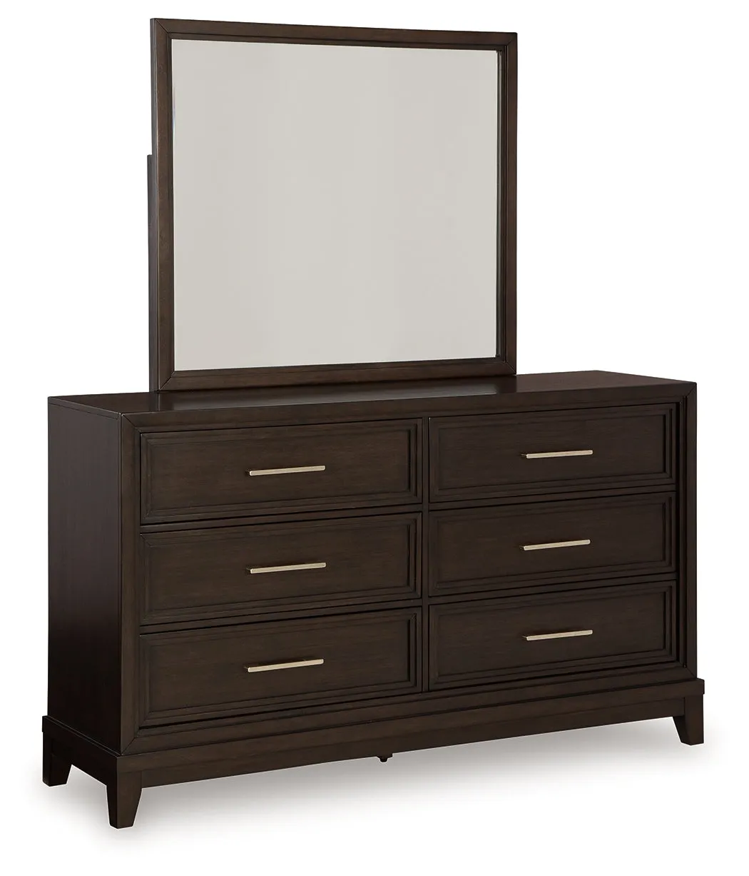 Neymorton Queen Upholstered Panel Bed with Mirrored Dresser, Chest and Nightstand in Dark Grayish Brown