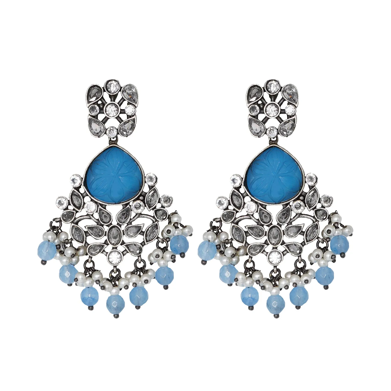 Teejh Anaika Silver Oxidised Blue Stone Earrings